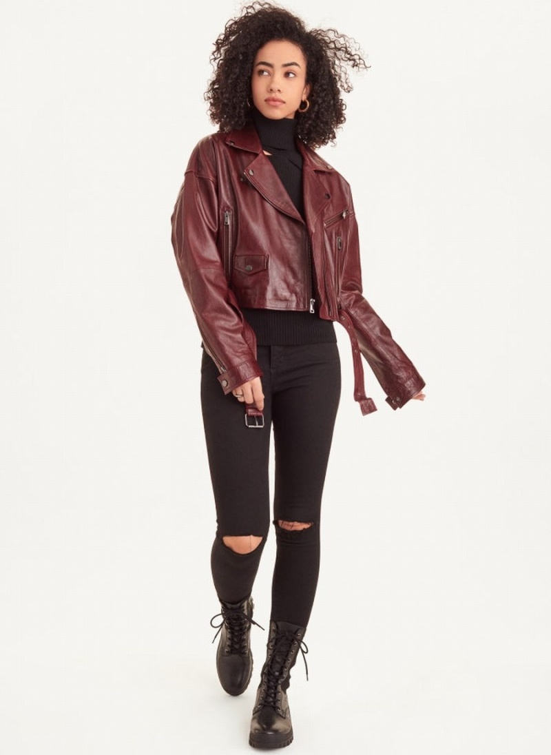 Women's Dkny Cropped Biker Jacket Burgundy | U0317255