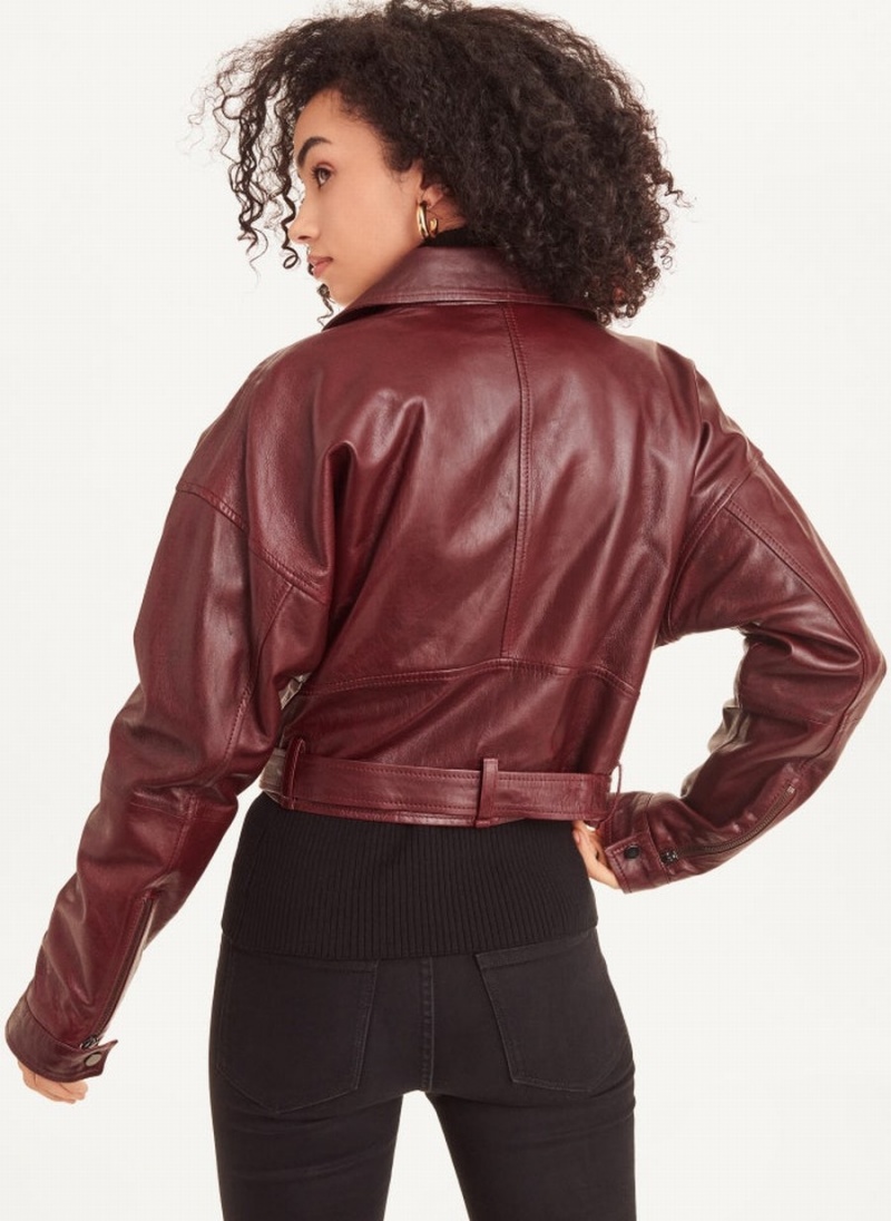 Women's Dkny Cropped Biker Jacket Burgundy | U0317255