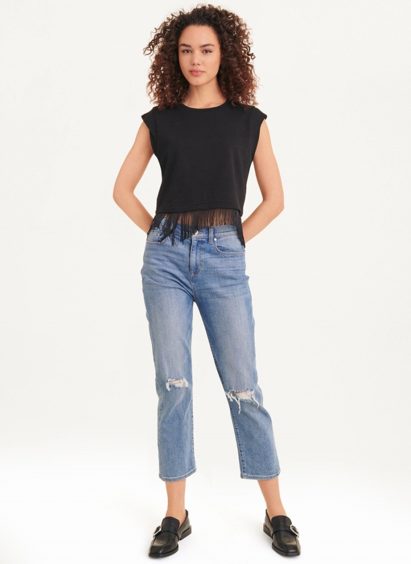 Women\'s Dkny Cropped Fringe Blouse Black | J8651907
