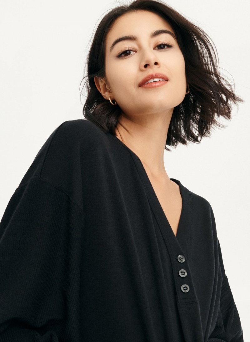 Women's Dkny Cropped Henley Lounge Pullover Black | I9474951
