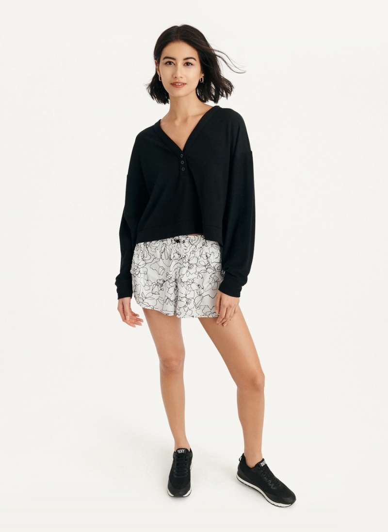 Women\'s Dkny Cropped Henley Lounge Pullover Black | I9474951