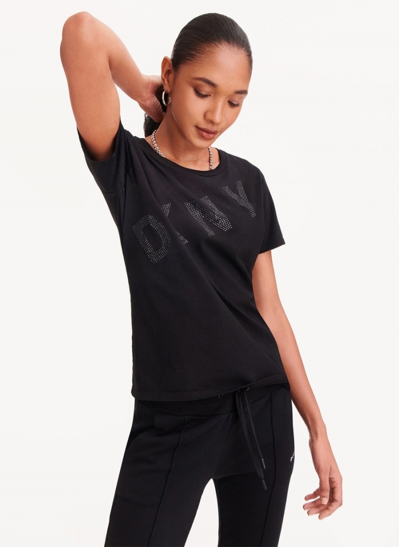 Women's Dkny Diagonal Rhinestone Logo T Shirts Black | D8905018