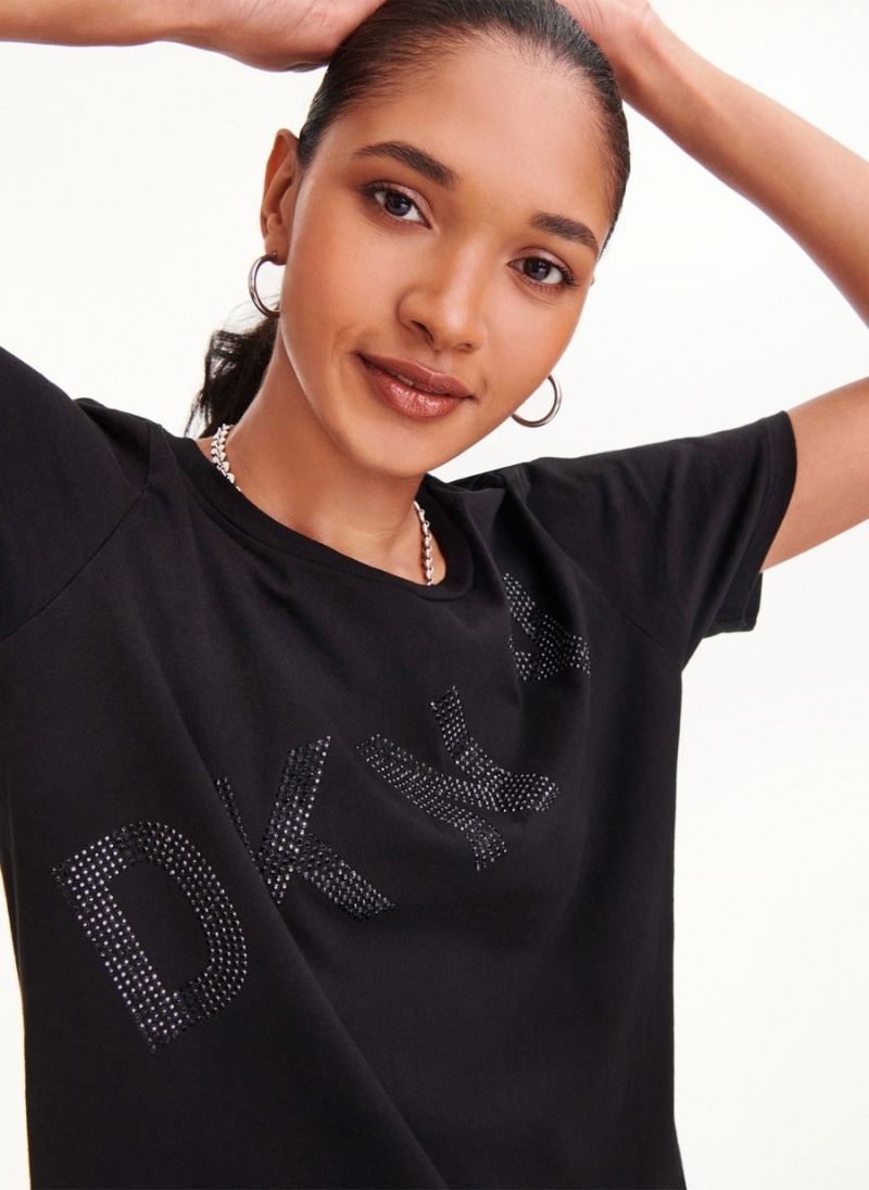 Women's Dkny Diagonal Rhinestone Logo T Shirts Black | D8905018