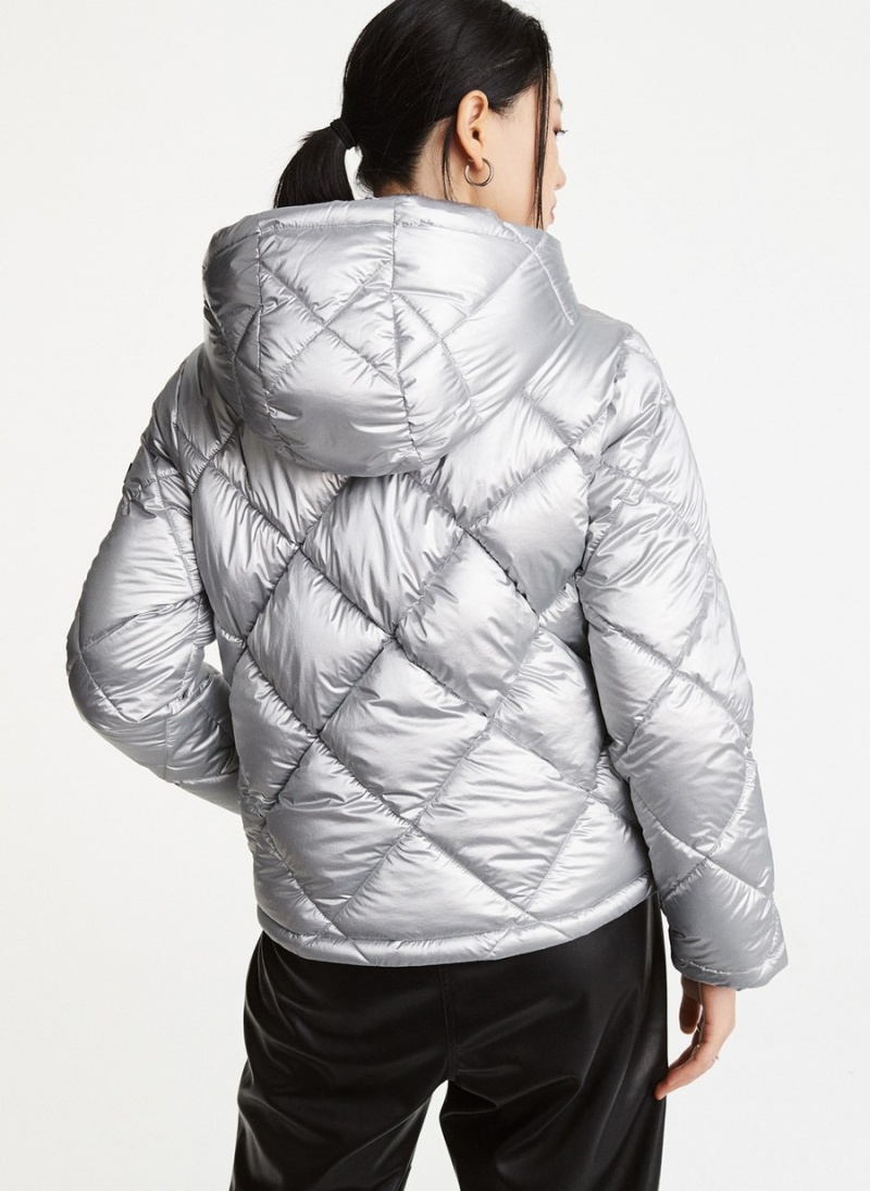 Women's Dkny Diamond Quilted Short Puffer Jacket Silver | I3463833