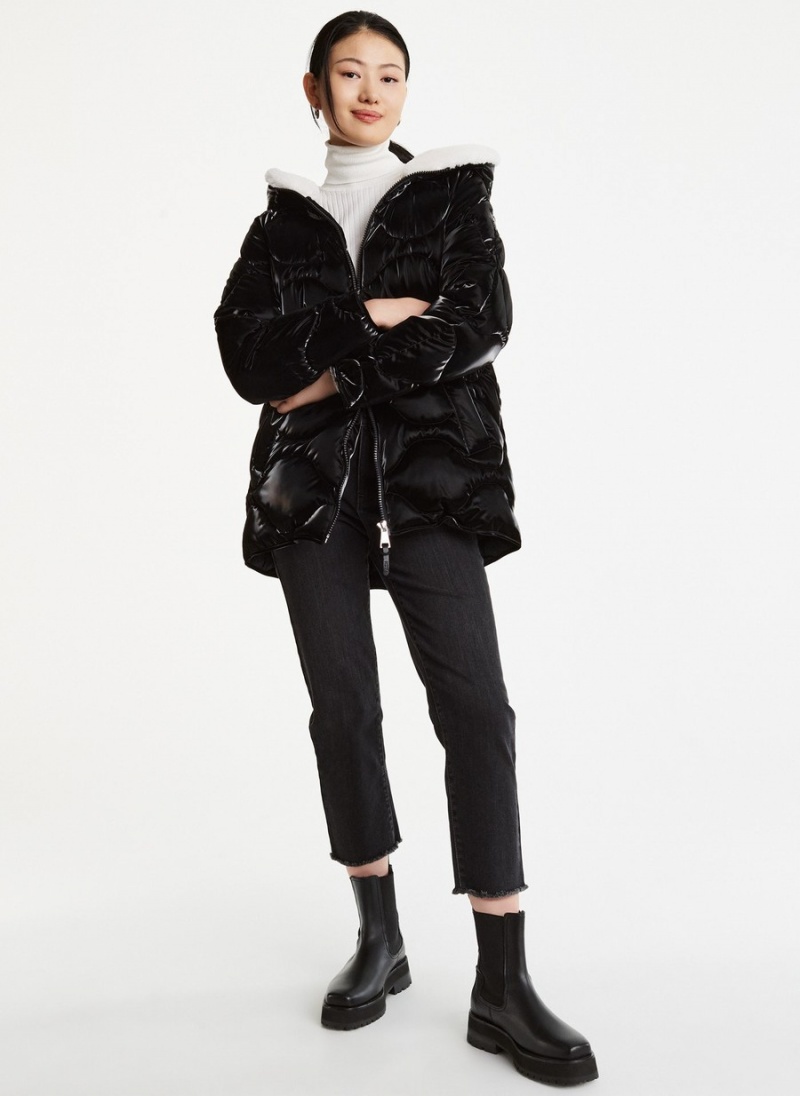 Women's Dkny Diamond Quilted With Faux Fur Zip Hood Puffer Jacket Black | F2761879
