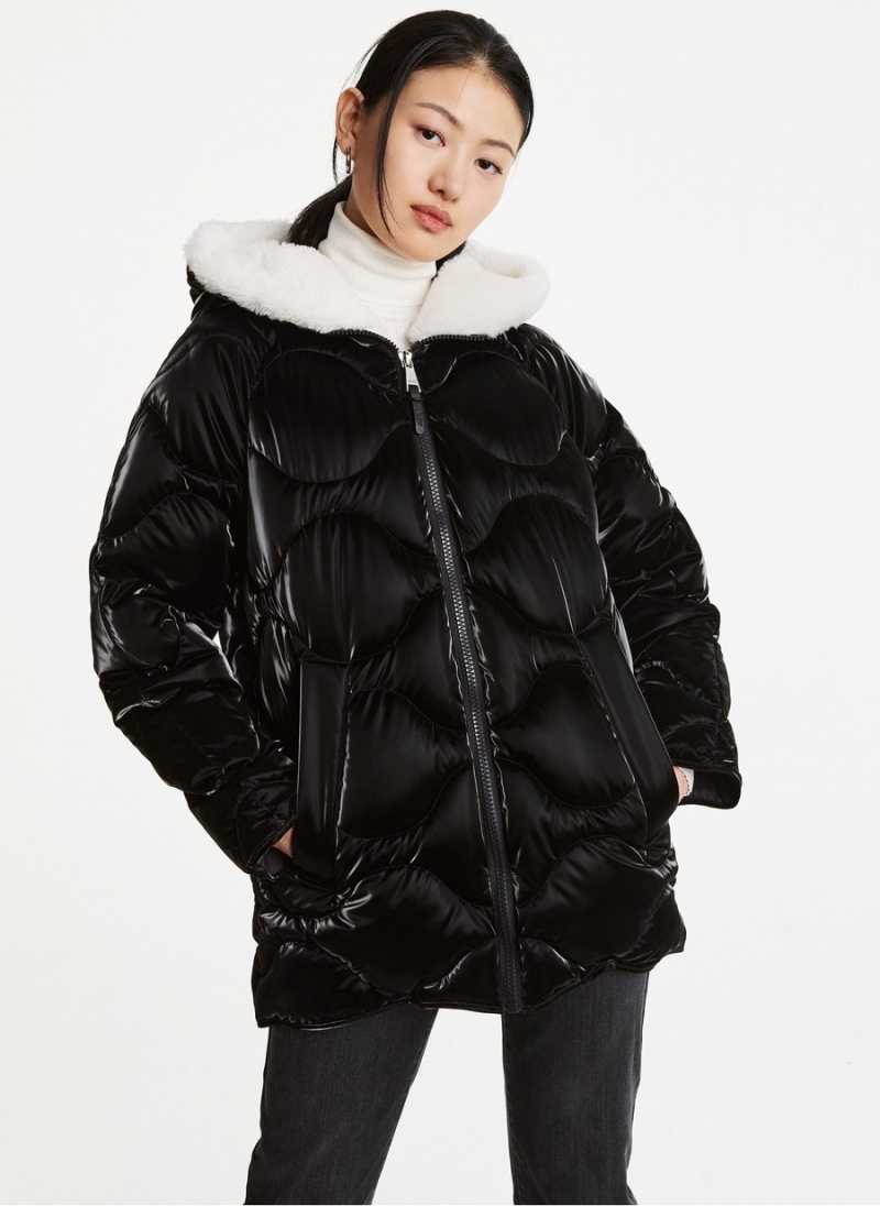 Women\'s Dkny Diamond Quilted With Faux Fur Zip Hood Puffer Jacket Black | F2761879
