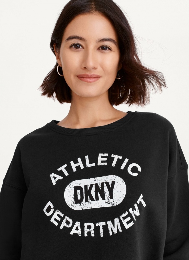 Women's Dkny Distressed Varsity Logo Raw Edge Crew Neck Pullover Black | N7166258