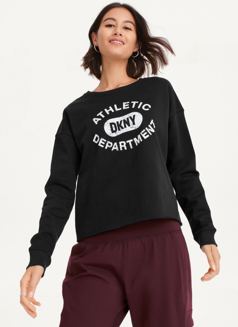 Women's Dkny Distressed Varsity Logo Raw Edge Crew Neck Pullover Black | N7166258