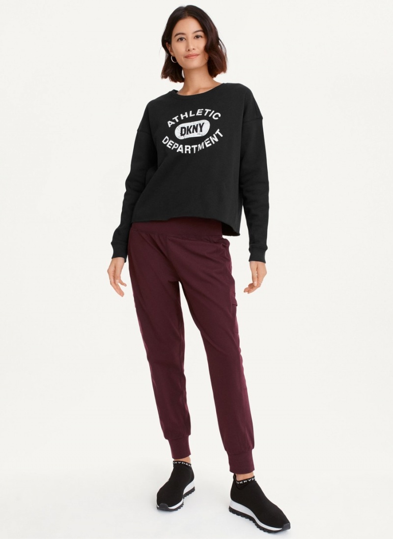 Women\'s Dkny Distressed Varsity Logo Raw Edge Crew Neck Pullover Black | N7166258