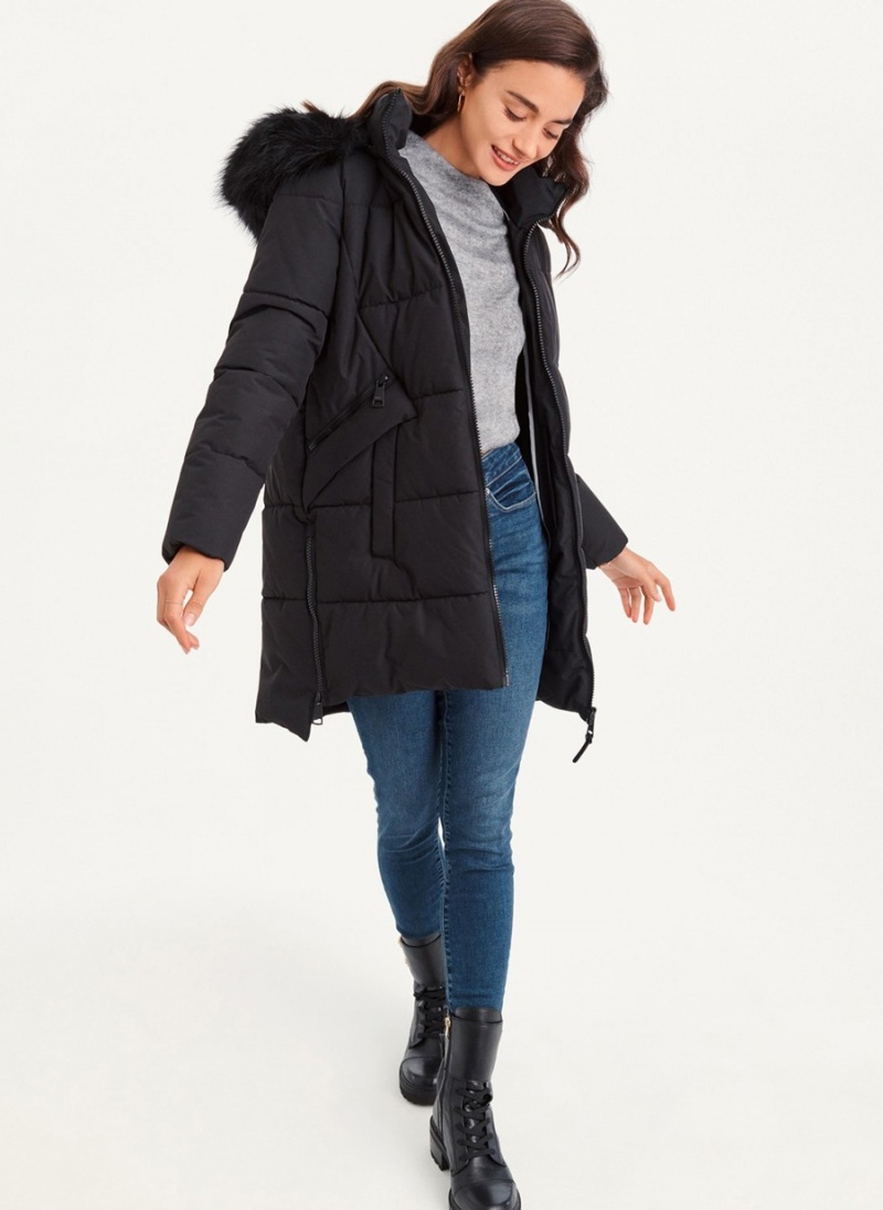 Women's Dkny Double-Pocketed Faux-Fur Long Puffer Jacket Black | L8011295