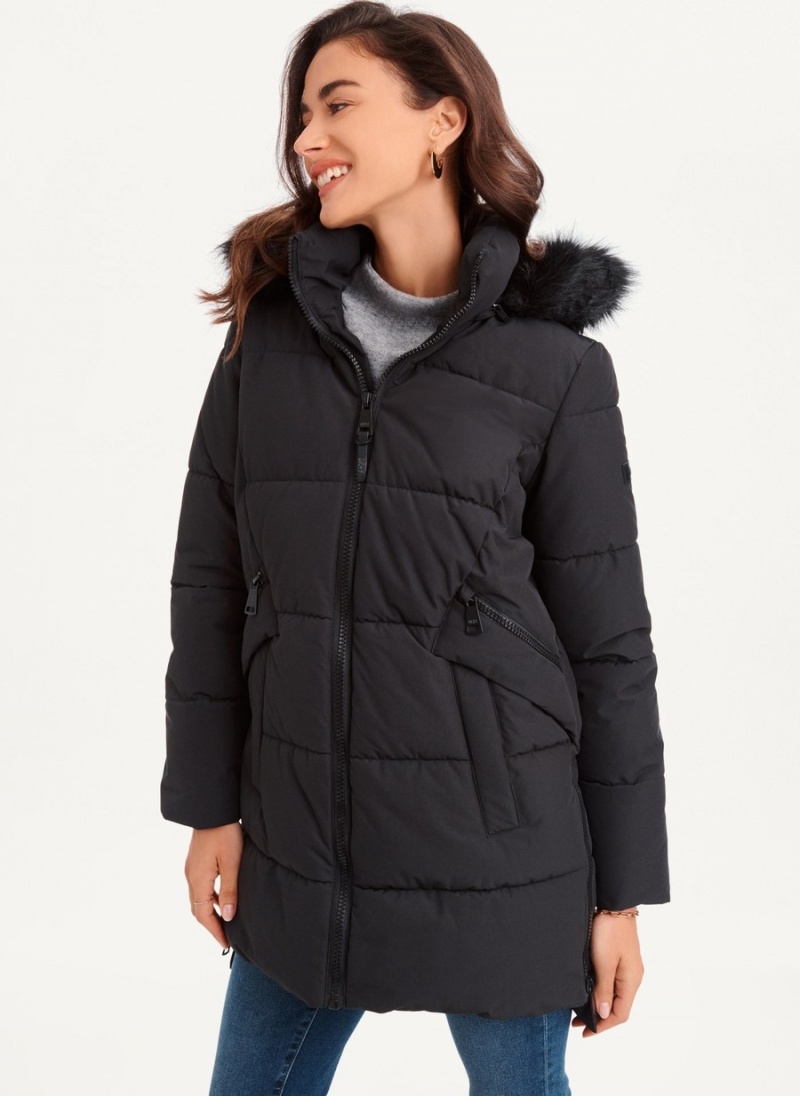 Women\'s Dkny Double-Pocketed Faux-Fur Long Puffer Jacket Black | L8011295