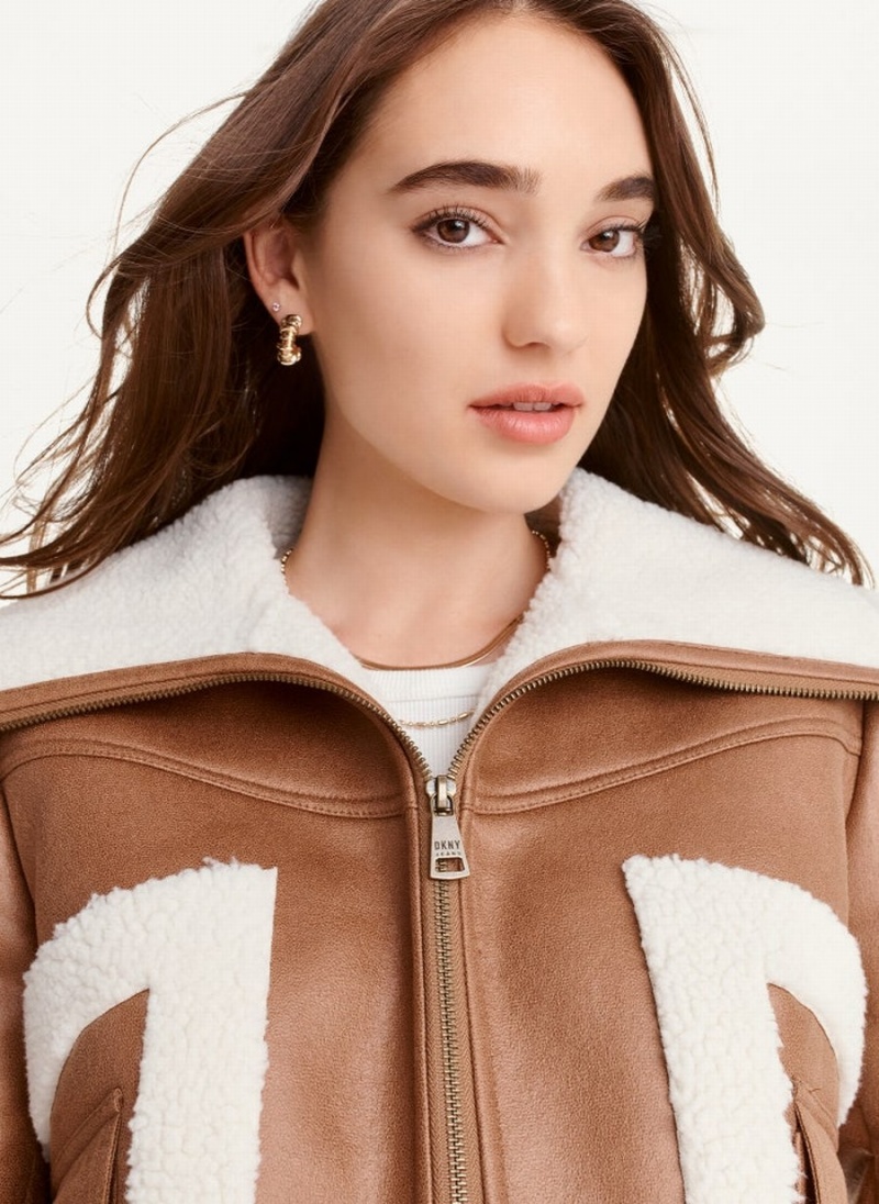 Women's Dkny Faux-Suede Shearling Trim Biker Jacket Black | J5171118