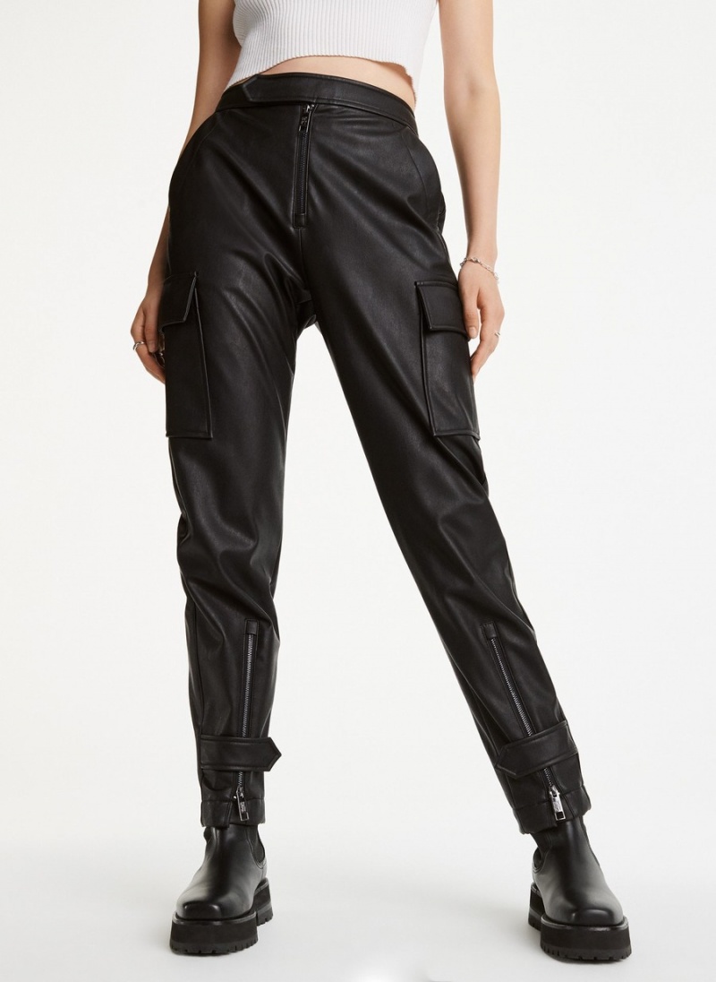 Women\'s Dkny Faux Leather Cargo with Zipper Detail Pants Black | J2791729