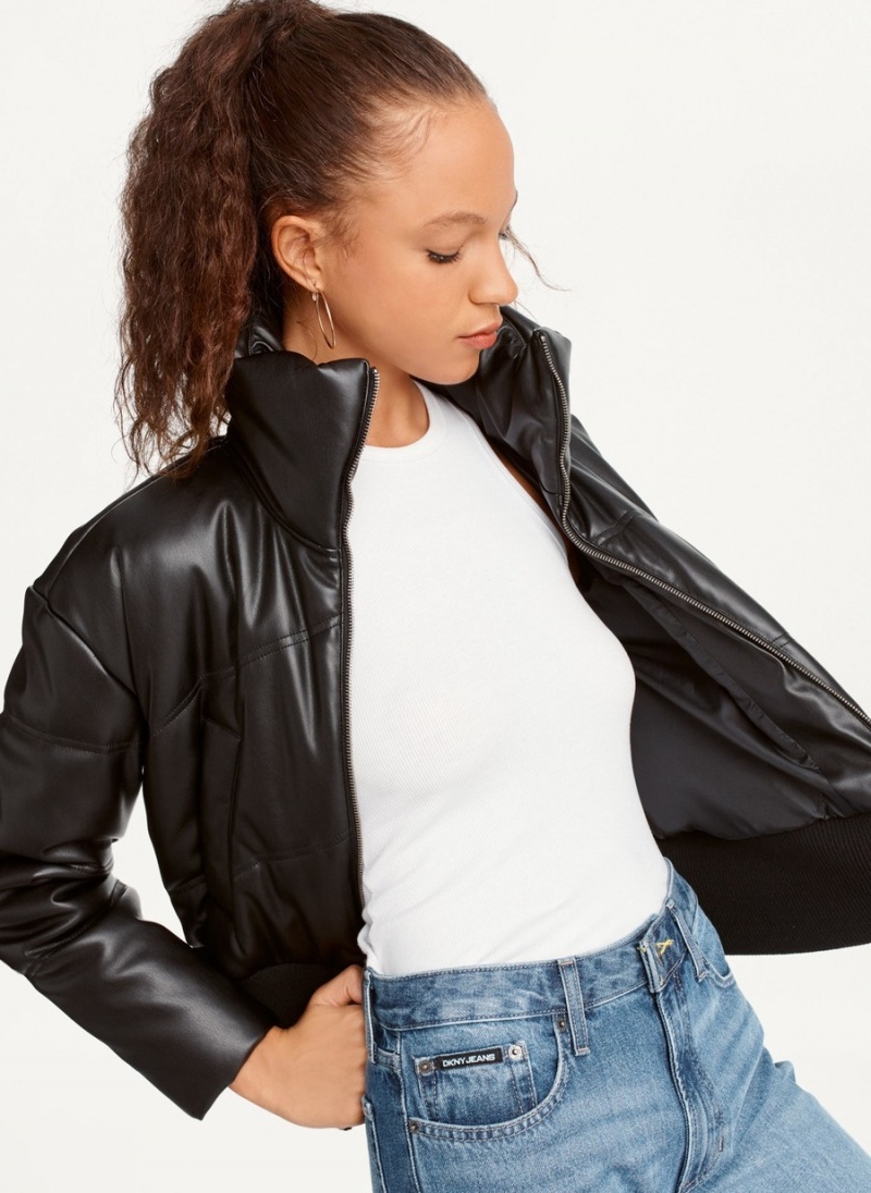 Women's Dkny Faux Leather Cropped Bomber Jackets Black | Y7845369