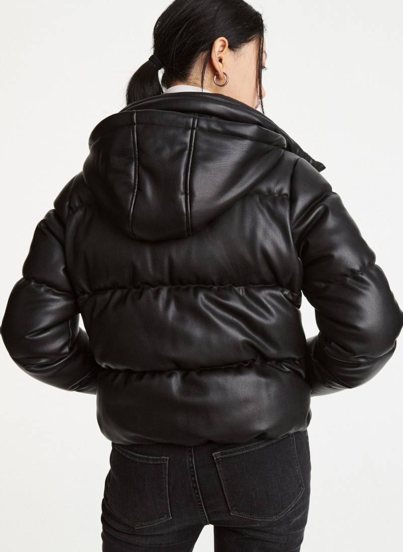 Women's Dkny Faux Leather Hooded Puffer Jacket Black | S5318518