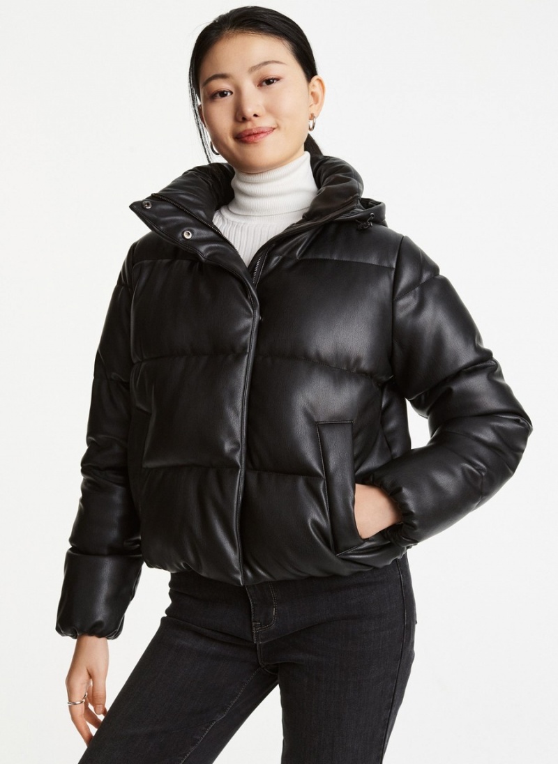 Women\'s Dkny Faux Leather Hooded Puffer Jacket Black | S5318518