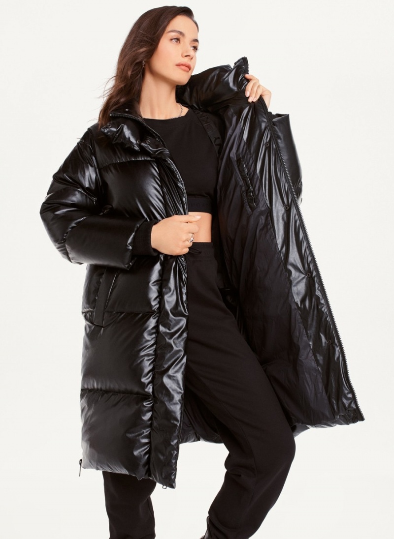 Women's Dkny Faux Leather Long Puffer Jacket Black | H4192943