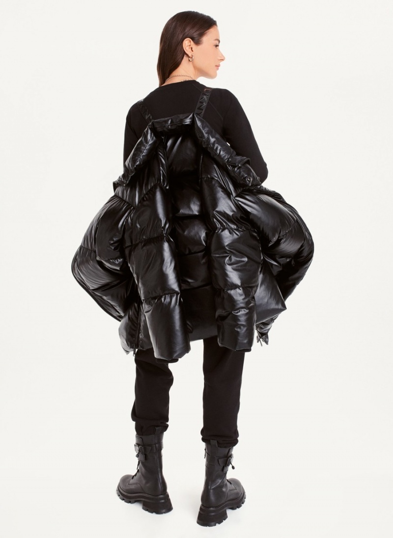 Women's Dkny Faux Leather Long Puffer Jacket Black | H4192943