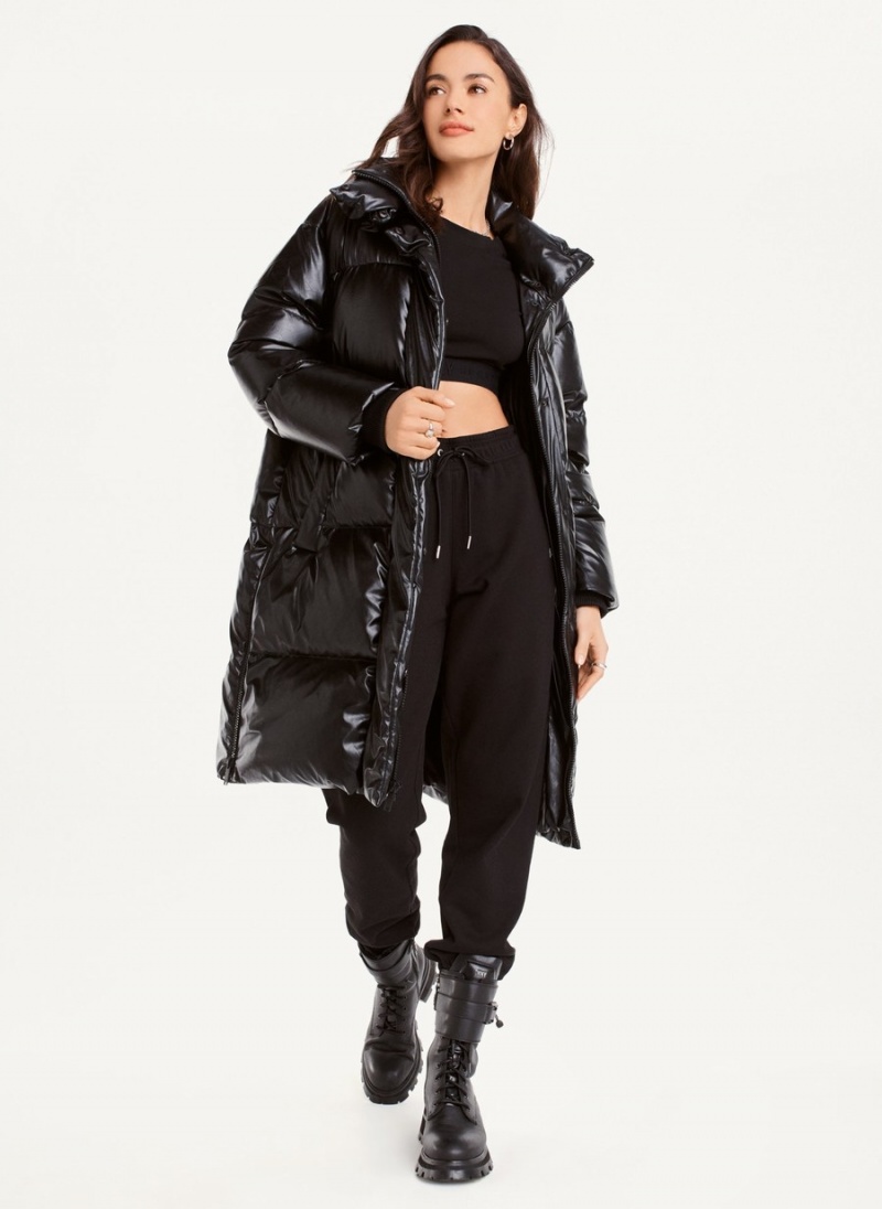Women's Dkny Faux Leather Long Puffer Jacket Black | H4192943