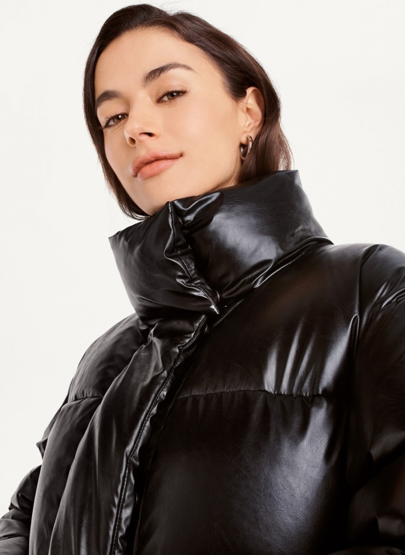 Women's Dkny Faux Leather Long Puffer Jacket Black | H4192943