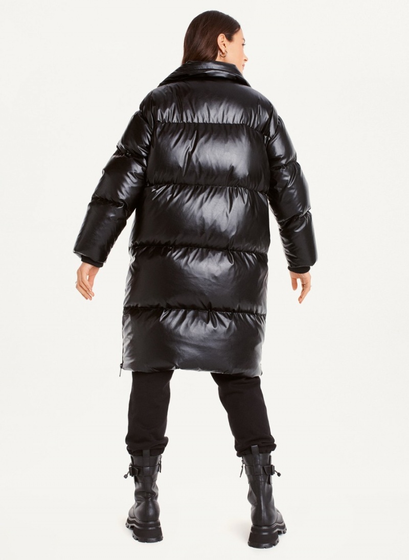 Women's Dkny Faux Leather Long Puffer Jacket Black | H4192943