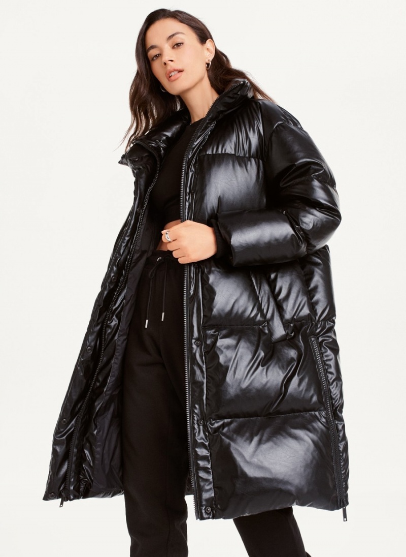 Women\'s Dkny Faux Leather Long Puffer Jacket Black | H4192943