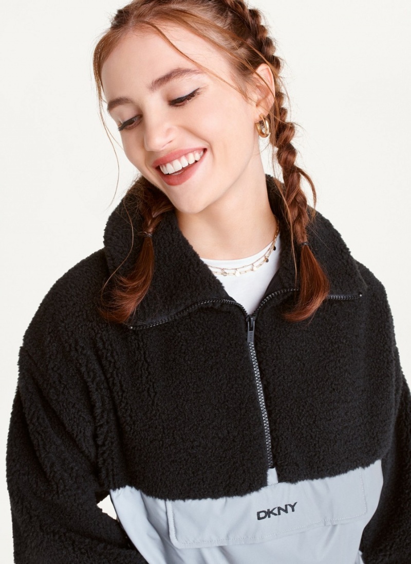 Women's Dkny Fleece Contrast Half-Zip Pullover Black | D3793261