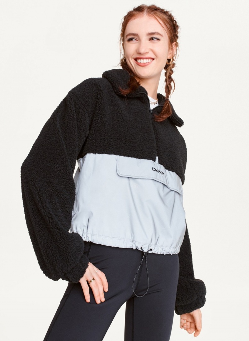 Women's Dkny Fleece Contrast Half-Zip Pullover Black | D3793261