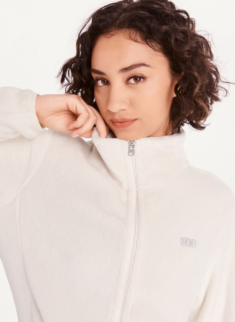 Women's Dkny Fleece Zip Jackets White | T4163071
