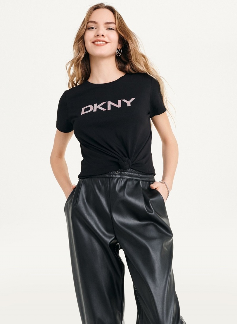 Women's Dkny Glitter Logo T Shirts Black | T4457446