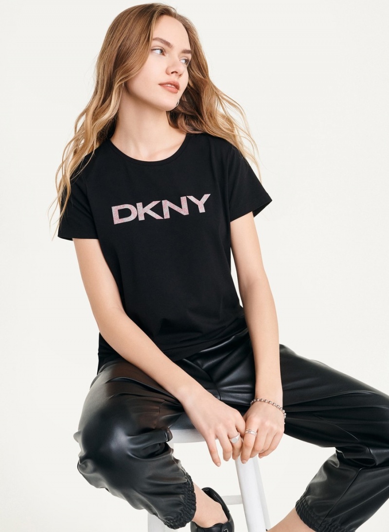 Women's Dkny Glitter Logo T Shirts Black | T4457446