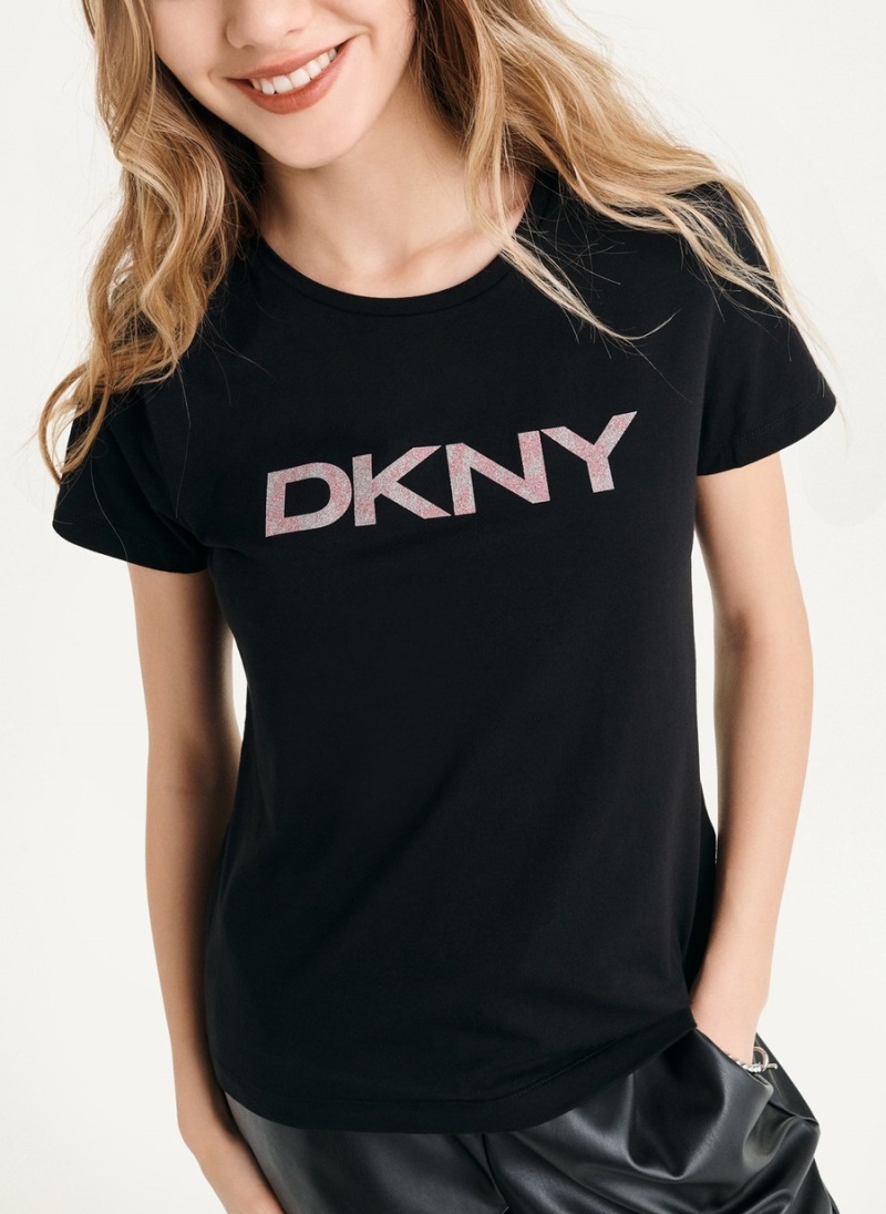 Women's Dkny Glitter Logo T Shirts Black | T4457446