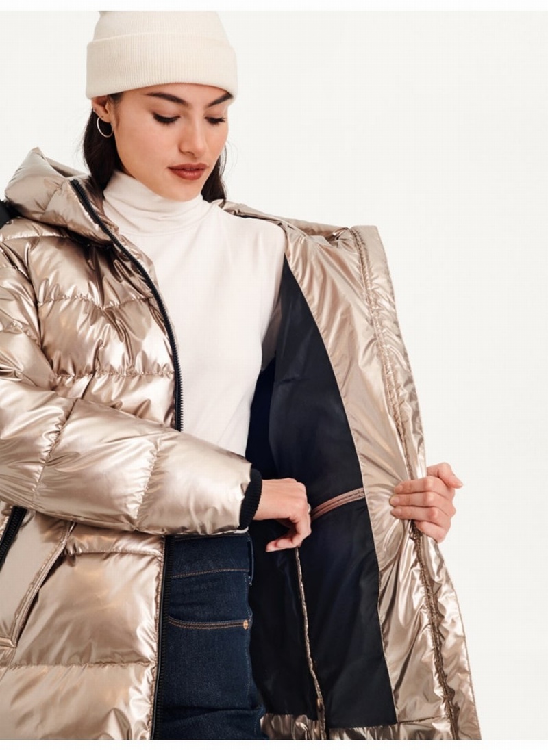 Women's Dkny Glossy Mid Length With Envelope Pockets Puffer Jacket Gold | Y1949962