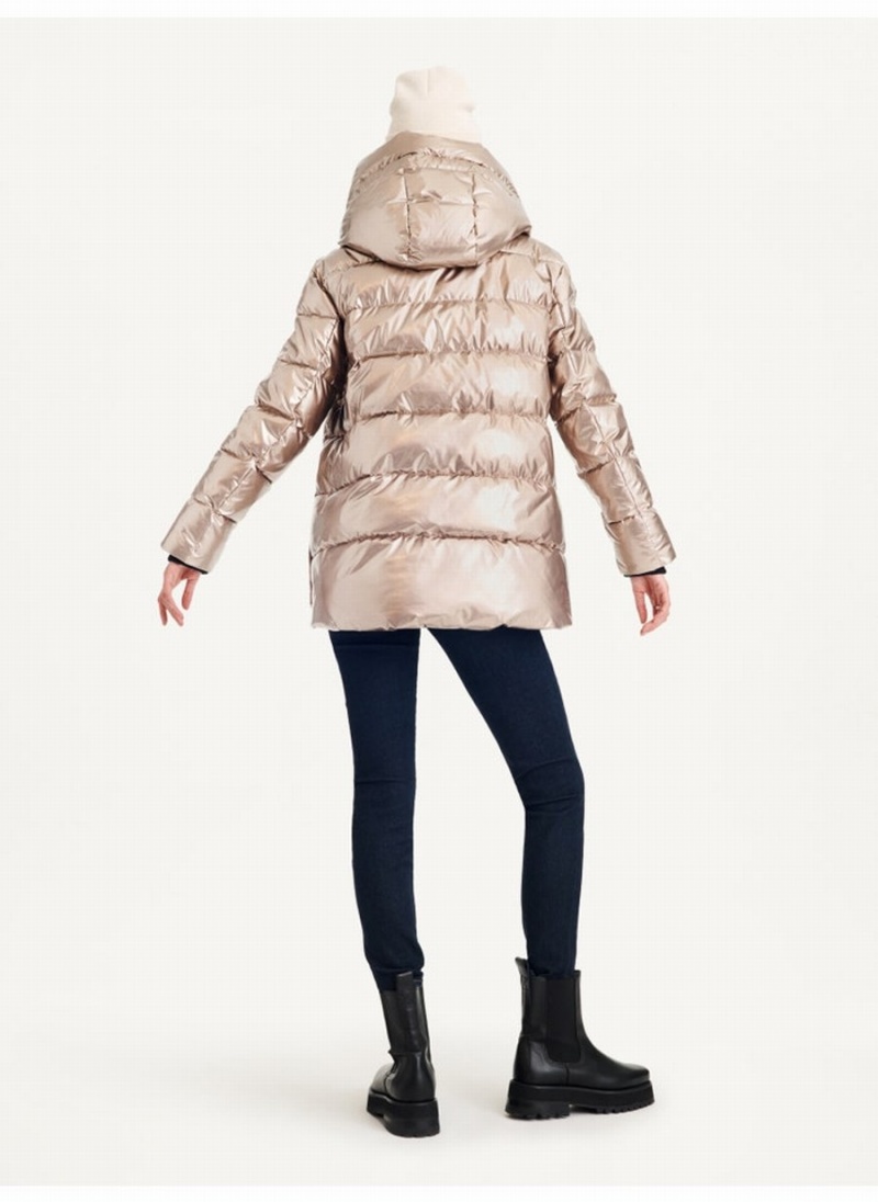 Women's Dkny Glossy Mid Length With Envelope Pockets Puffer Jacket Gold | Y1949962