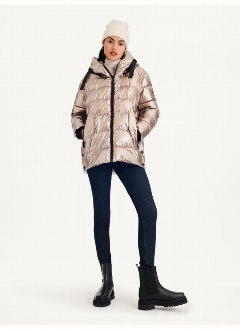Women's Dkny Glossy Mid Length With Envelope Pockets Puffer Jacket Gold | Y1949962