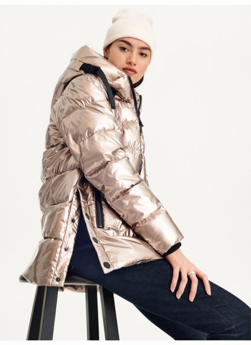 Women's Dkny Glossy Mid Length With Envelope Pockets Puffer Jacket Gold | Y1949962