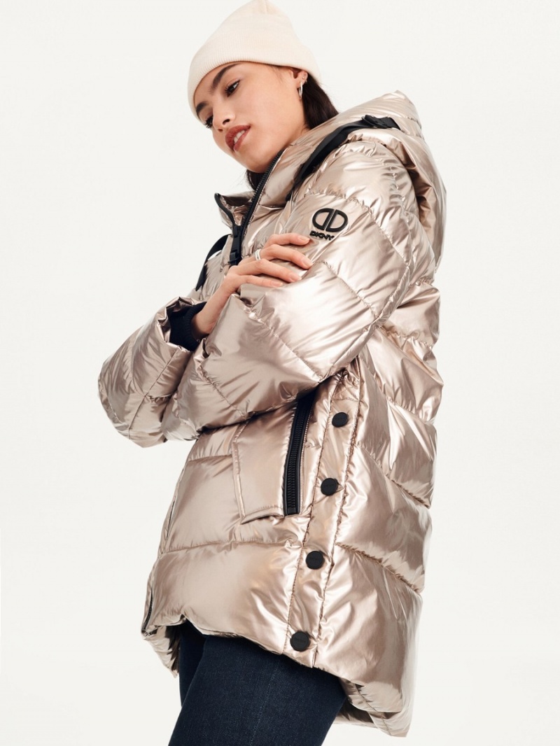 Women's Dkny Glossy Mid Length With Envelope Pockets Puffer Jacket Gold | Y1949962
