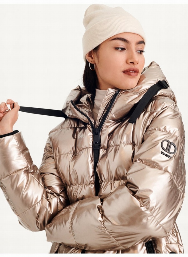 Women's Dkny Glossy Mid Length With Envelope Pockets Puffer Jacket Gold | Y1949962