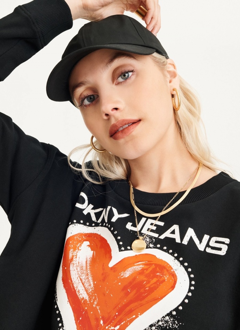 Women's Dkny Graffiti Heart Cold Pigment Dyed Sweatshirts Black | R6571797