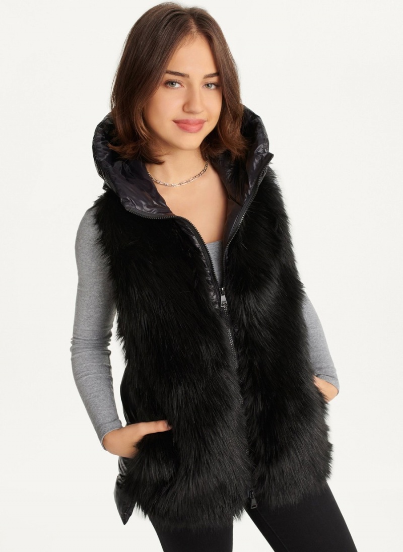 Women's Dkny Hooded Puffer With Faux Fur Front Vest Black | F9766106
