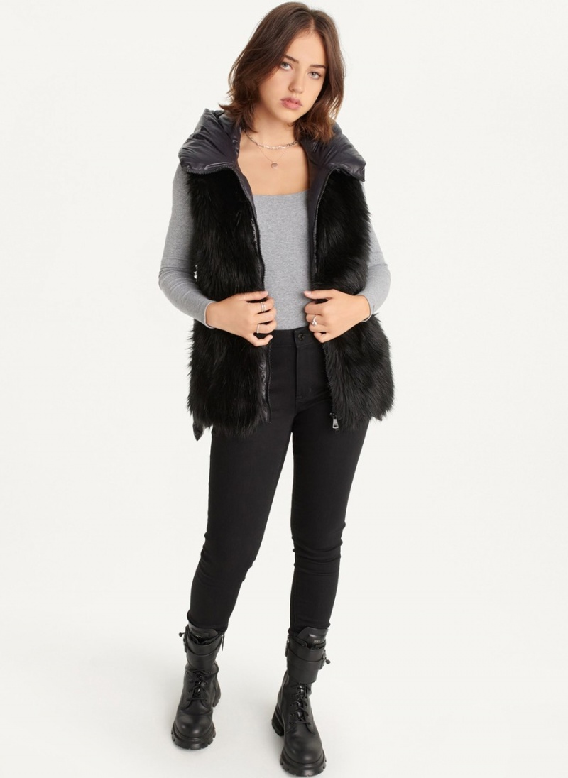 Women\'s Dkny Hooded Puffer With Faux Fur Front Vest Black | F9766106