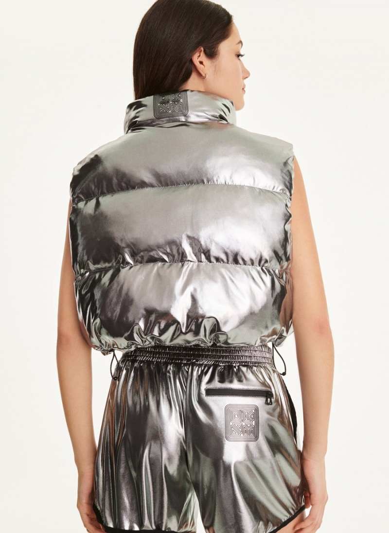 Women's Dkny Knit Silver Foil Puffer Vest Silver | M5132934