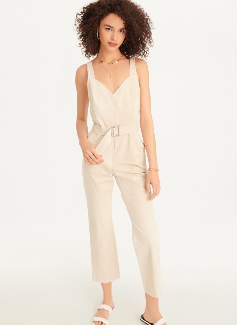 Women\'s Dkny Linen Belted Jumpsuit White | O8868344