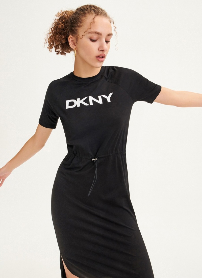 Women's Dkny Logo Drawstring Waist Dress Black | P1960336