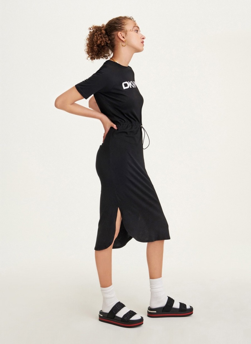 Women's Dkny Logo Drawstring Waist Dress Black | P1960336