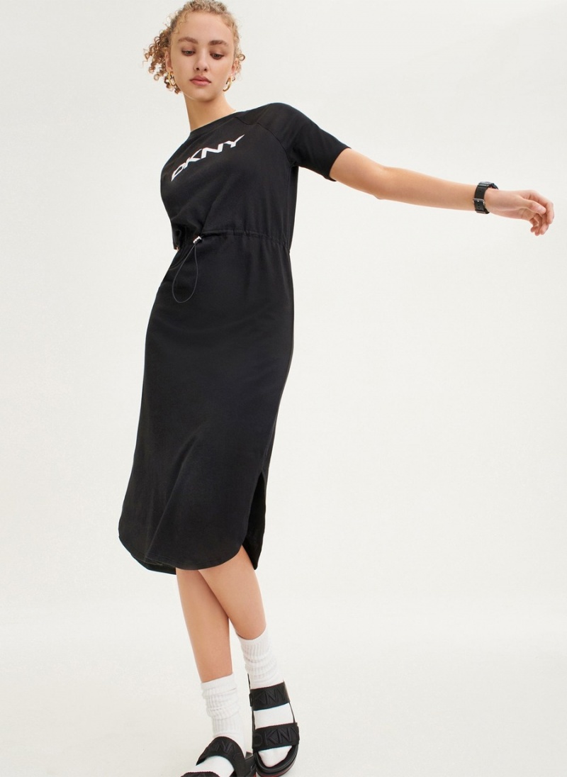 Women's Dkny Logo Drawstring Waist Dress Black | P1960336