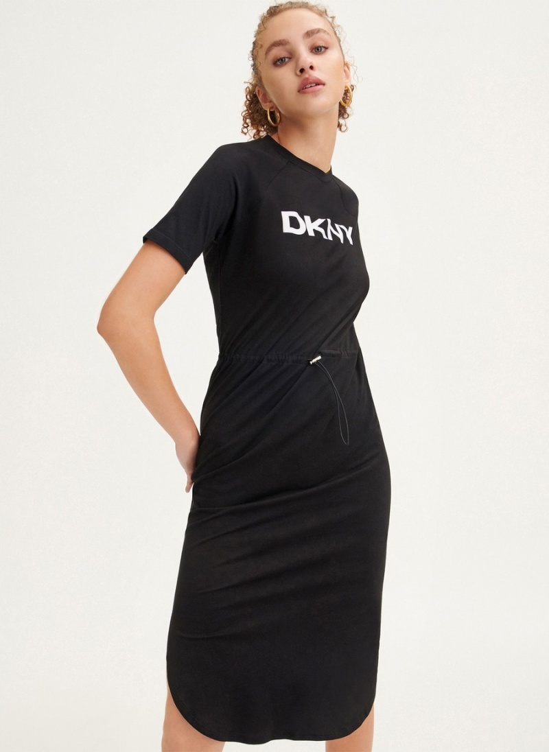 Women\'s Dkny Logo Drawstring Waist Dress Black | P1960336