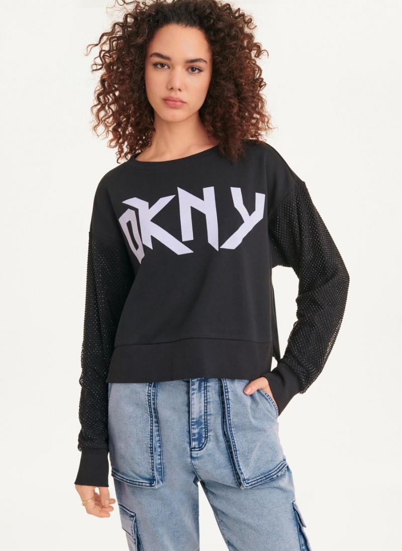 Women's Dkny Logo Sweatshirt With Crystal Mesh Overlay Sleeves Long Sleeve Black | G6305947