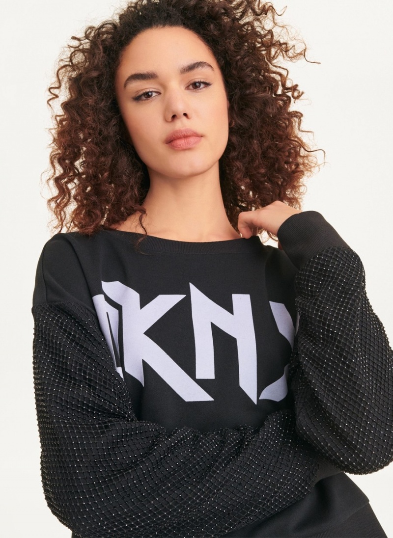 Women's Dkny Logo Sweatshirt With Crystal Mesh Overlay Sleeves Long Sleeve Black | G6305947