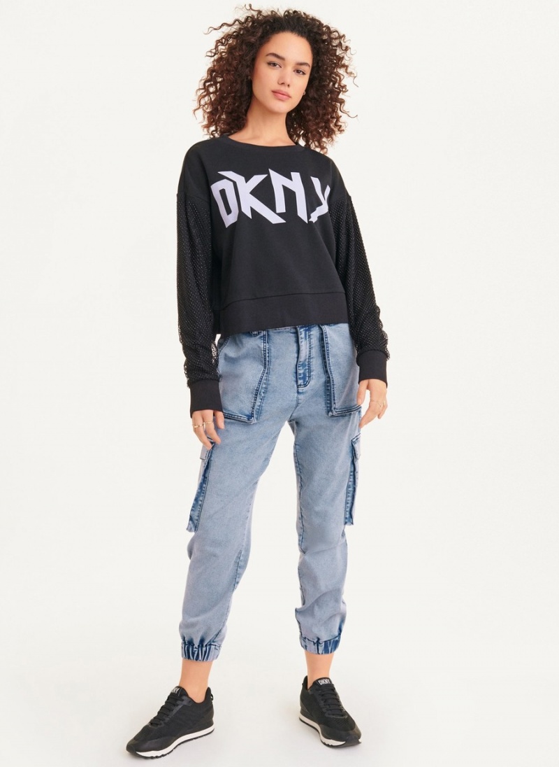 Women\'s Dkny Logo Sweatshirt With Crystal Mesh Overlay Sleeves Long Sleeve Black | G6305947